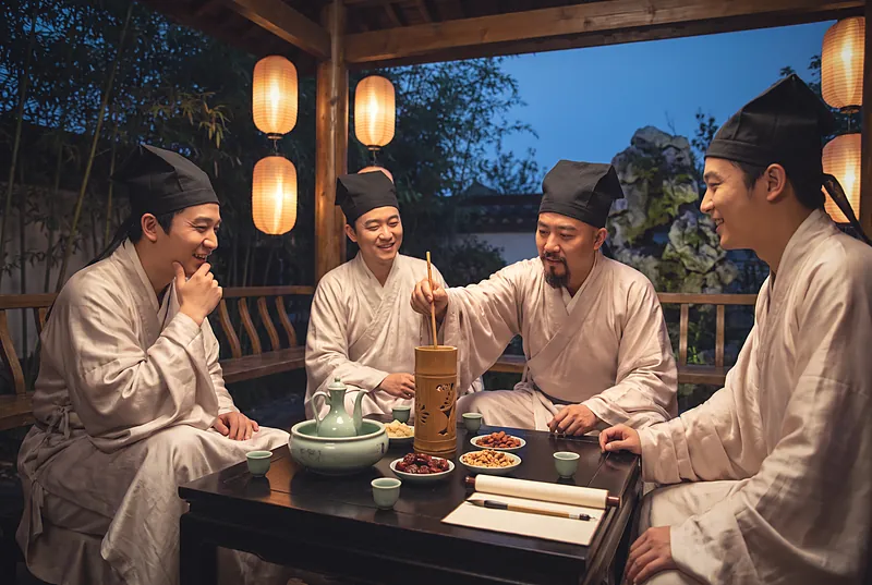 Song dynasty scholars at a lantern-lit banquet drawing bamboo lots from a cup for a poetry drinking game