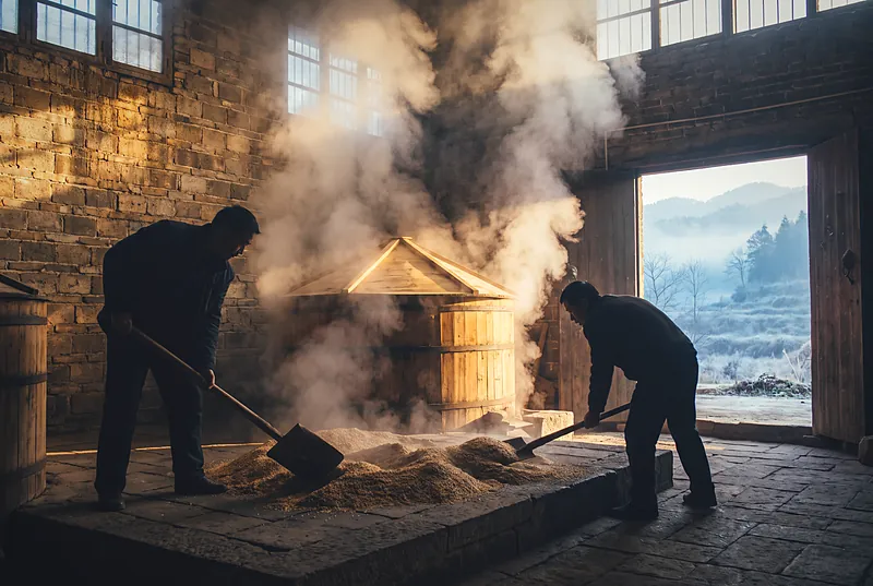 Steam rising from a traditional wooden still in a cold distillery on an autumn morning, with workers in silhouette