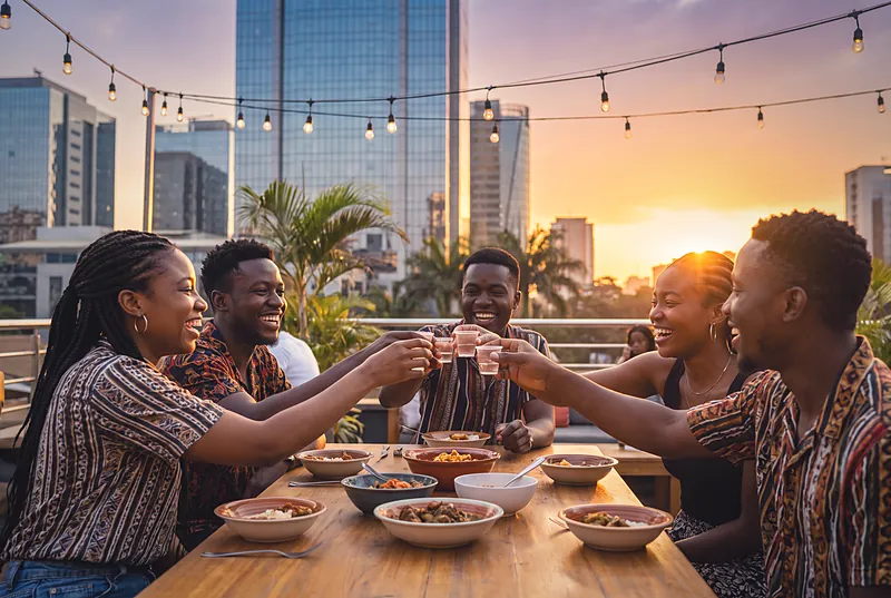 Friends raising small cups at a lively rooftop dinner at sunset above a modern African city skyline