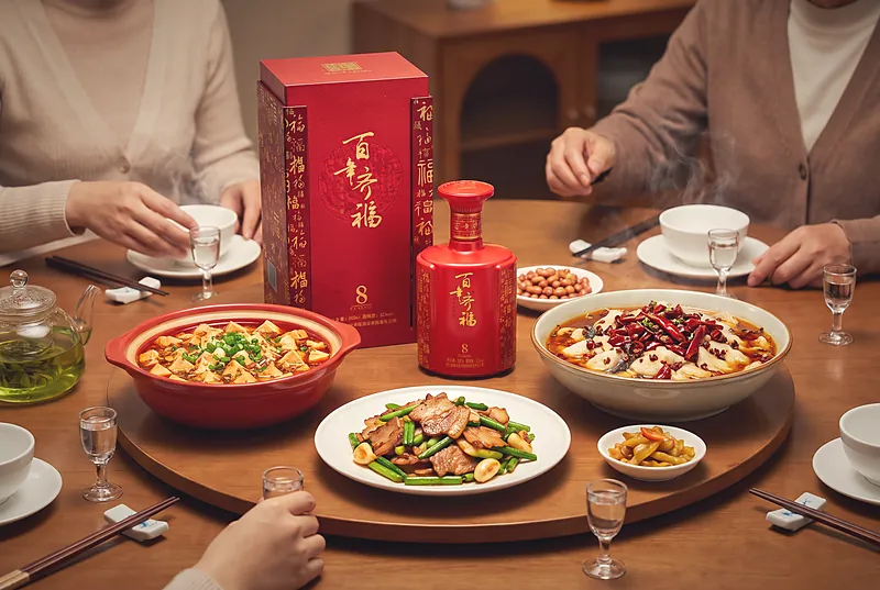 A Sichuan family feast of mapo tofu, twice-cooked pork and spicy boiled fish, with a bottle of Bainian Qifu 8 and small cups