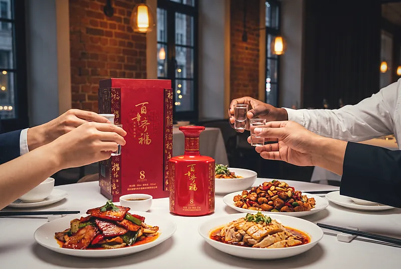 A stylish European restaurant table with Sichuan dishes and small baijiu cups as international guests raise a toast