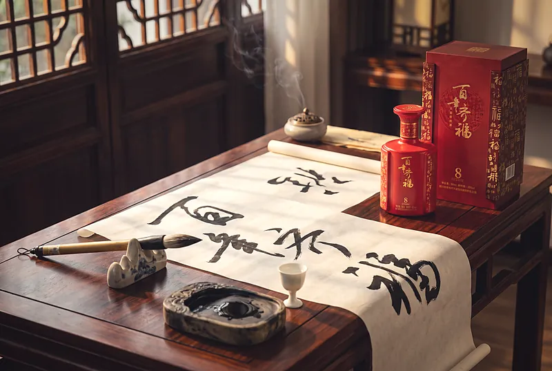 A calligrapher's desk with a wild cursive scroll in progress, inkstone, brush, a small wine cup and a bottle of Bainian Qifu 8