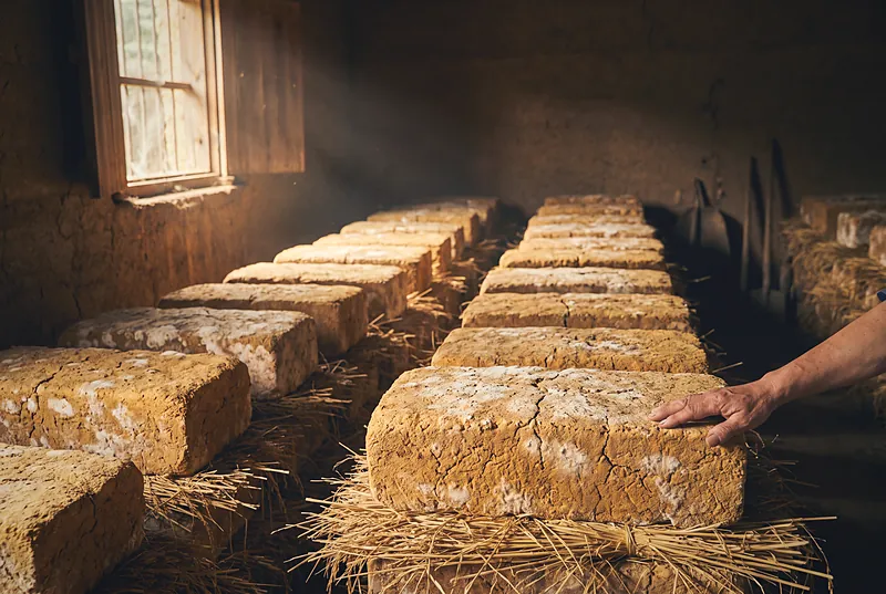 Rows of rectangular wheat daqu blocks stacked on straw in a dim traditional qu room, lit by warm side light