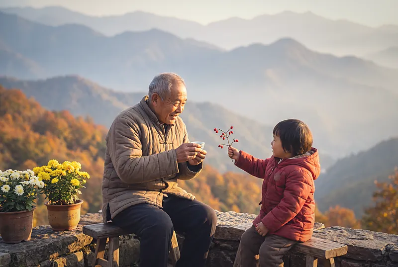 An elderly couple and their grandchild on an autumn mountain lookout beside chrysanthemums, holding a small cup in golden light