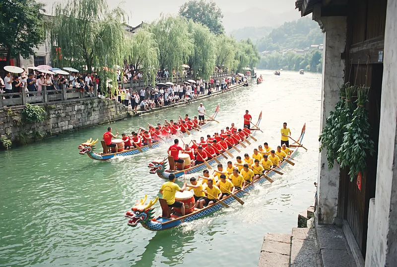 Colourful dragon boats racing on a green river in Sichuan in early summer, drummers aboard and spectators lining the bank