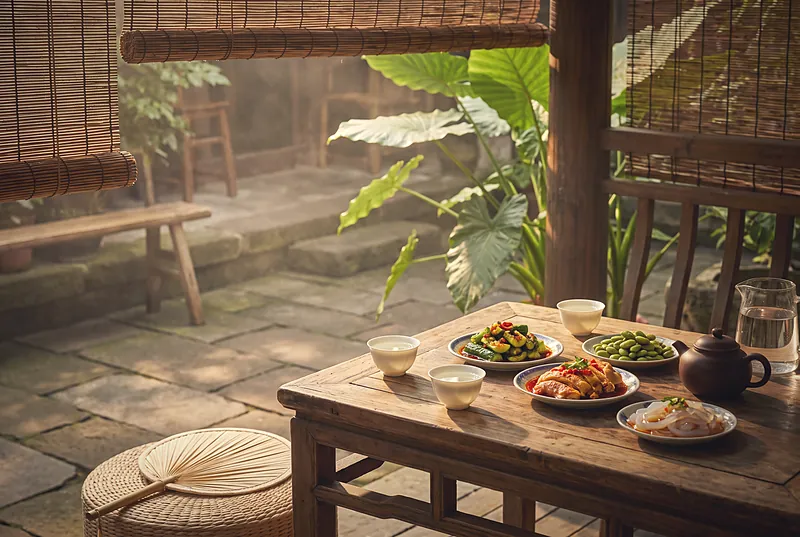 A shaded summer courtyard table under bamboo blinds with small cups of clear baijiu and Sichuan cold dishes in dappled afternoon light