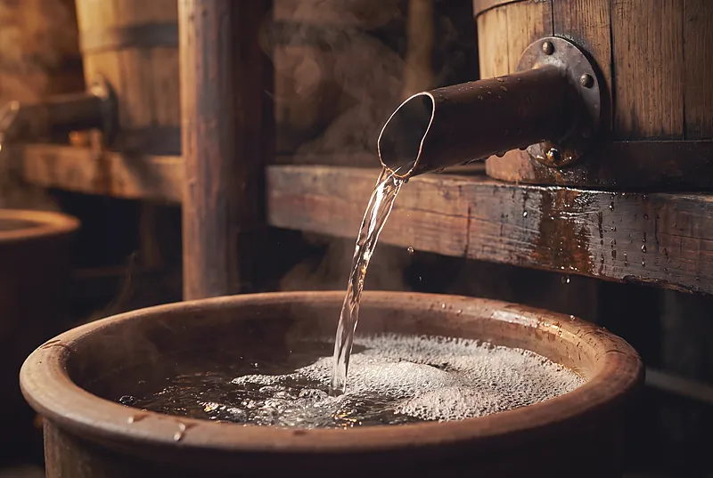 Clear spirit trickling from a traditional still spout into a clay basin amid rising steam