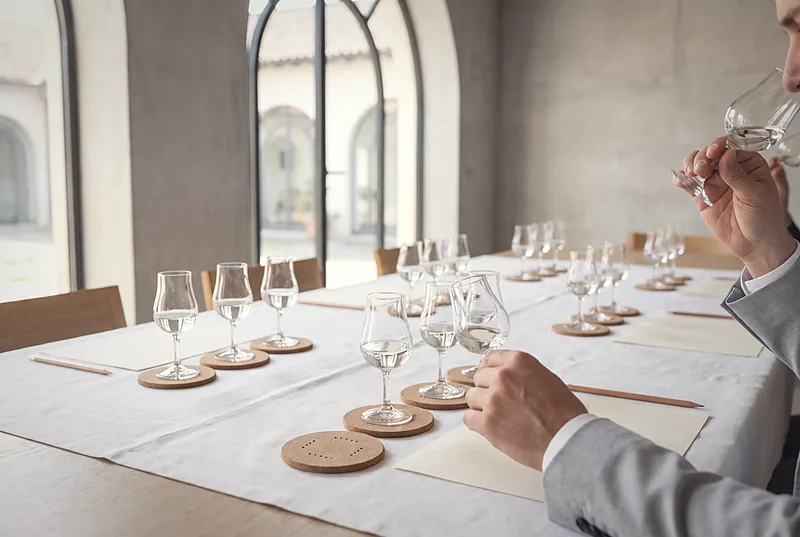 A tasting table with rows of numbered small glasses of clear spirit, tasting sheets and judges' hands in bright daylight