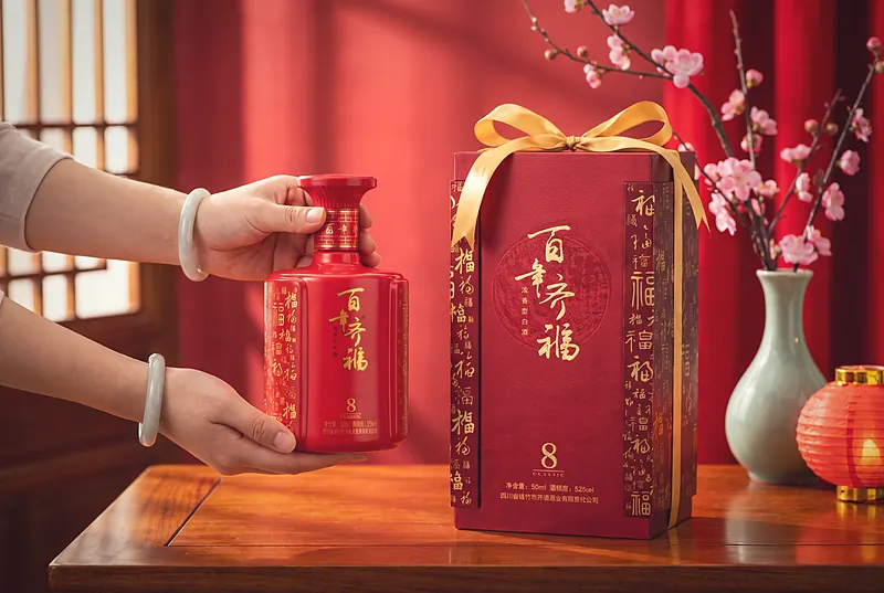 Hands presenting a red baijiu gift box tied with gold ribbon against a festive red background with plum blossoms