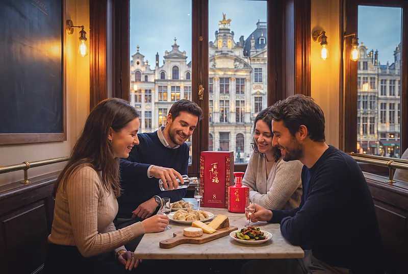 Friends tasting baijiu from small glasses at a cosy Brussels bistro table, with Belgian townhouses visible through the window