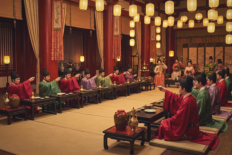 A Tang dynasty imperial banquet hall in ink-and-colour painting style, with officials in silk robes raising cups beneath lanterns