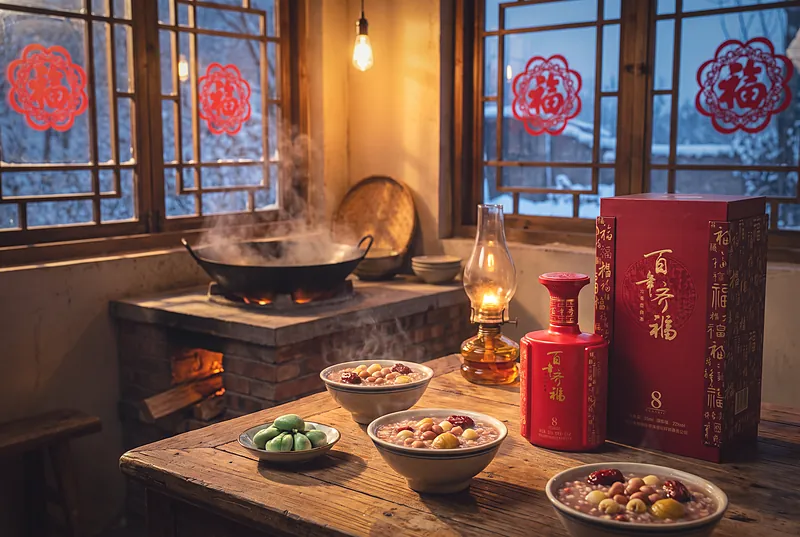 A Sichuan farmhouse kitchen on Laba with steaming bowls of Laba congee, red paper-cut window flowers and a red bottle of Bainian Qifu 8 with its gift box