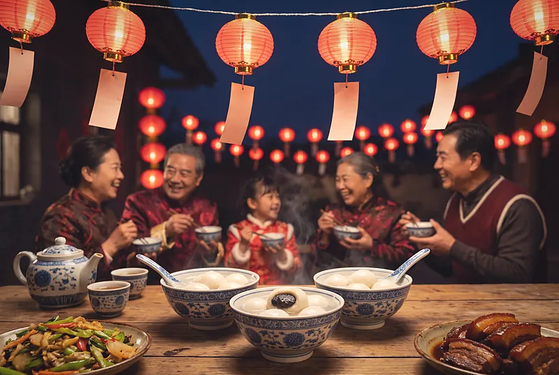 Bowls of sesame tangyuan on a family table at night beneath lanterns hung with riddle slips