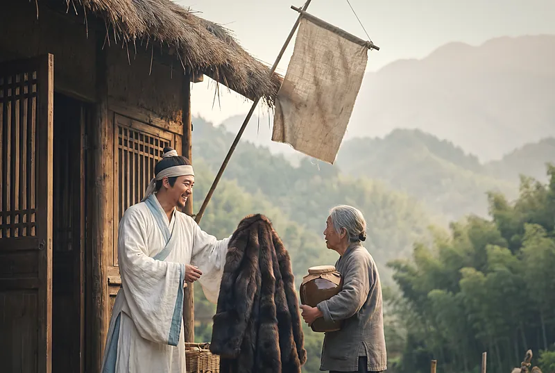 A Tang poet in flowing robes hands a fur coat to the keeper of a rustic country wine shop amid misty Sichuan mountains