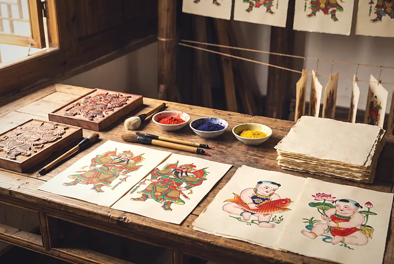 A craftsman's table spread with colourful woodblock New Year prints of door gods and children, with brushes and bowls of pigment