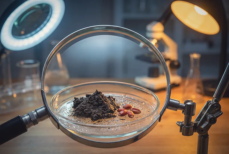 Macro view of pit mud and fermented grain under a laboratory magnifier, lit with mixed warm and cool light