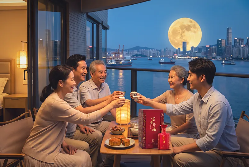 A full moon rising over a harbour city skyline as a family toasts on a balcony, with mooncakes and a bottle of Bainian Qifu 8