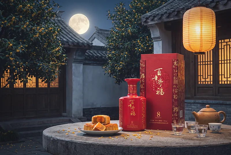 A full moon over a Chinese courtyard with osmanthus trees, mooncakes, small cups and a red bottle of Bainian Qifu 8 on a stone table