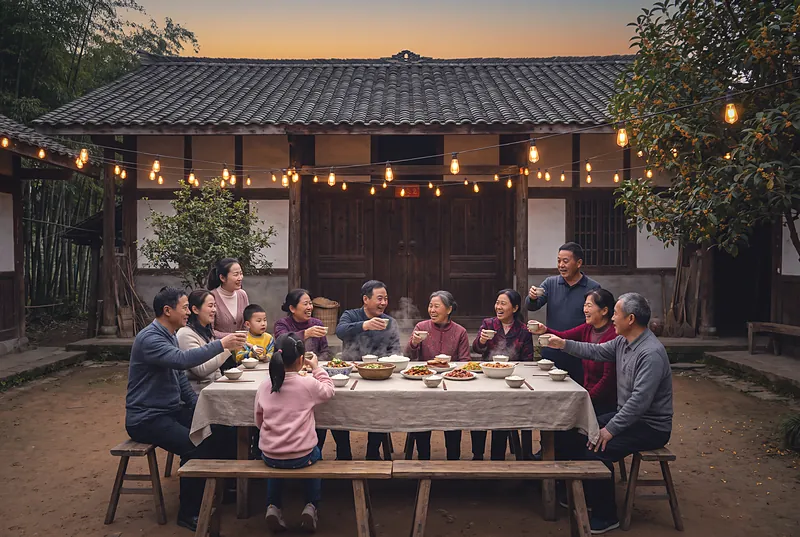 Friends gathered at a long outdoor table in a Sichuan village courtyard at dusk under strings of lights
