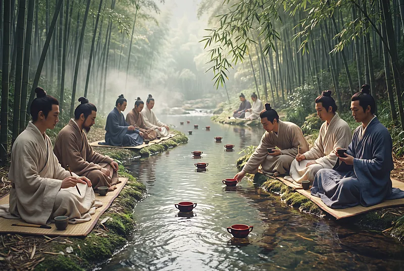 Scholars in Jin dynasty robes seated along a winding stream in a spring bamboo grove as small lacquer cups float on the water