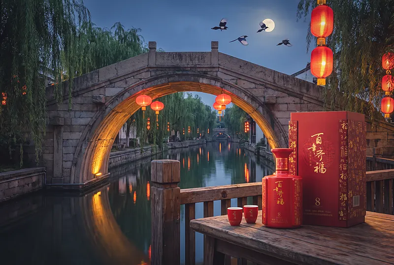 A moonlit bridge over a river with magpies in the night sky and lanterns along the bank