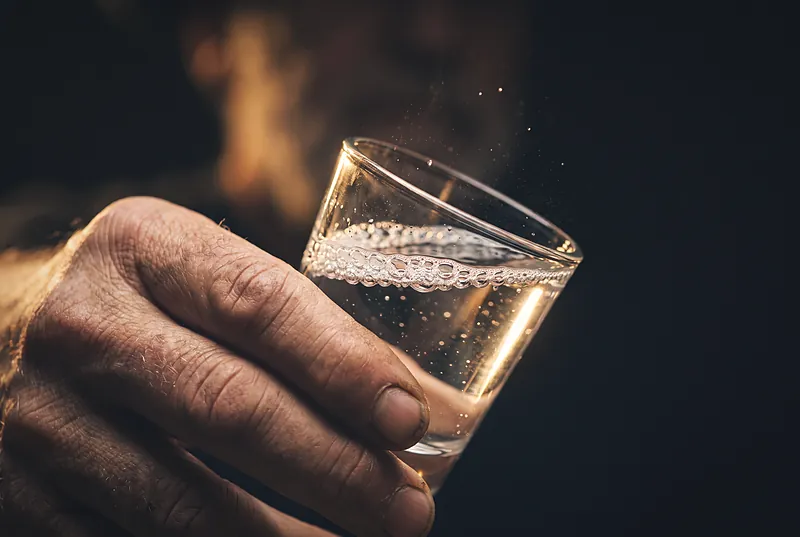 Macro of a distiller's hand gently shaking a small glass of clear spirit, fine bead bubbles forming on the surface against a dark background