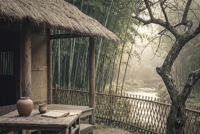 Du Fu's thatched cottage in Chengdu among bamboo and plum trees, with a wine jar on a small table