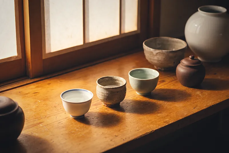 Three small cups of clear spirit on a wooden counter beside Chinese, Japanese and Korean ceramics