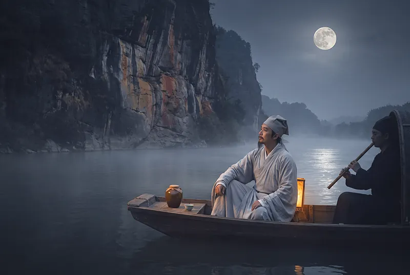 A Song dynasty poet in a small boat on a moonlit river beneath towering cliffs, a small wine jar beside him, in ink-painting realism