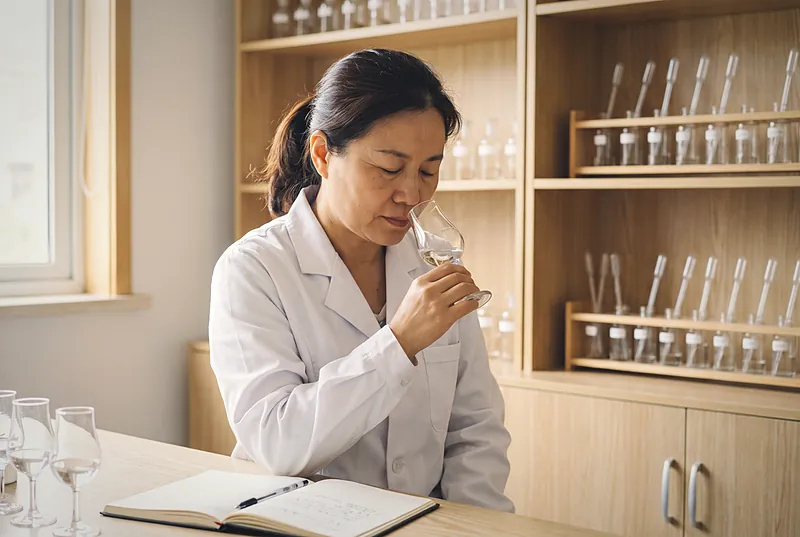 A blender nosing a small tulip glass in a tasting room lined with rows of clear spirit sample bottles
