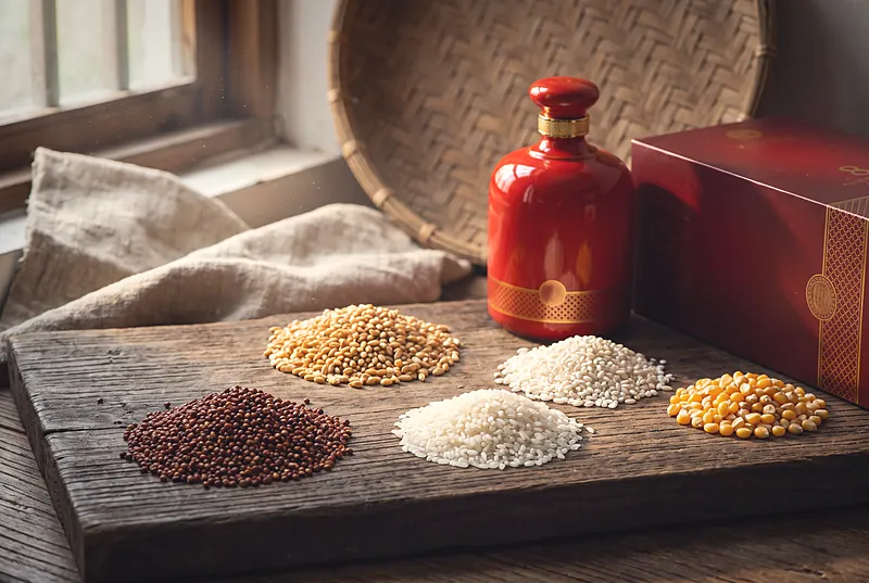 Five small heaps of sorghum, wheat, rice, glutinous rice and corn on an old wooden board, with a red bottle of Bainian Qifu 8 behind