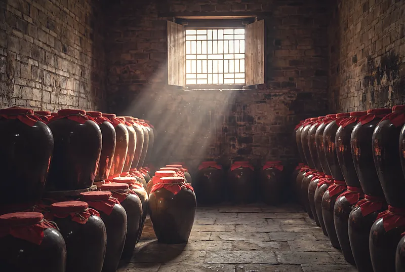 Rows of large sealed earthenware jars with red cloth caps in a quiet cellar, lit by soft window light