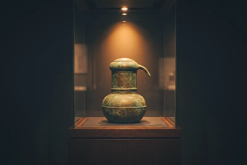 An antique Chinese bronze still in a museum display case under a warm spotlight
