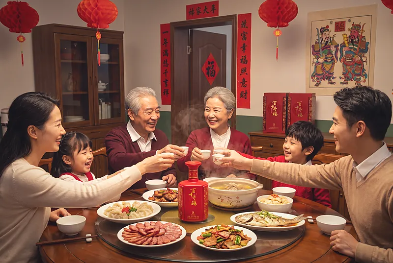 Three generations around a Chinese New Year's Eve reunion table full of dishes, with a red bottle of Bainian Qifu 8, red lanterns and couplets behind
