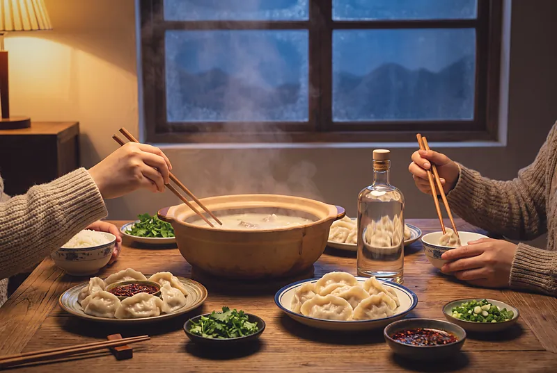 A winter solstice table with steaming dumplings and lamb soup in a warm Sichuan home, frost on the window