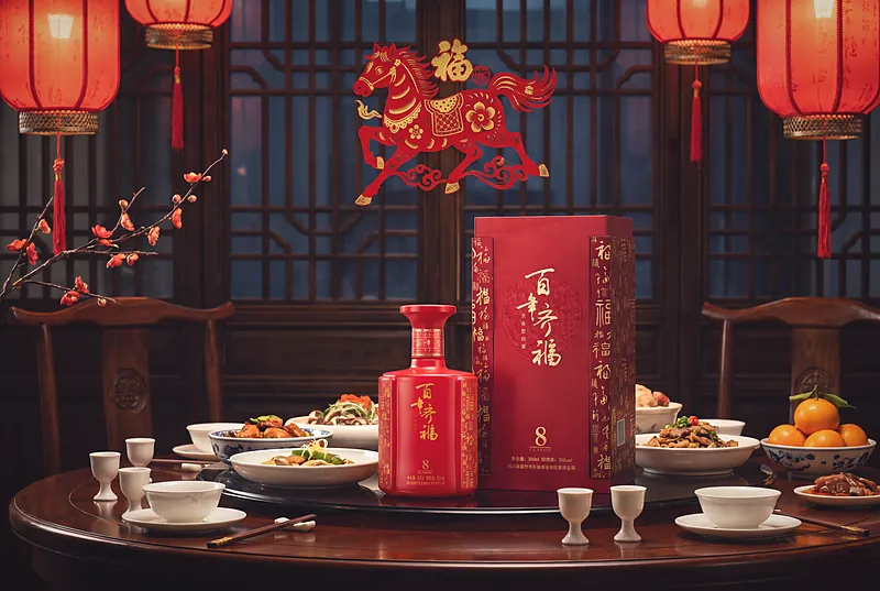 A red and gold horse paper-cut with lanterns on a festive Chinese New Year table