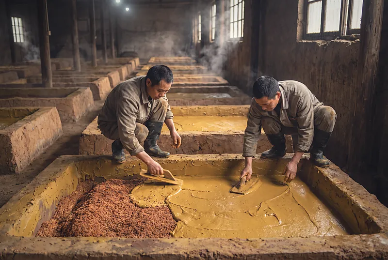 Workers sealing a fermentation pit with yellow clay over a layer of red fermented grain