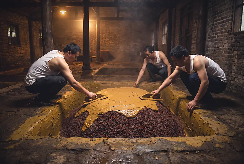 Sealing the pit with yellow mud over red grain