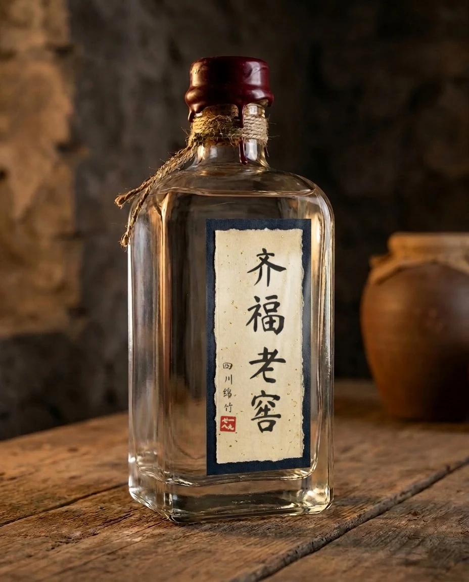 Qifu Laojiao 1978: a heavy square glass bottle; a gold-flecked xuan-paper label mounted on deep indigo, brushed with 齐福老窖, signed 四川绵竹 (Mianzhu, Sichuan) and sealed 一九七八; cork under red wax tied with hemp