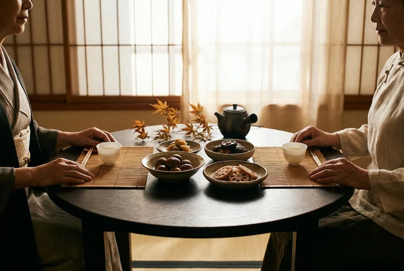 宁静雅致的中式餐桌上，摆放着精致的白瓷小酒杯