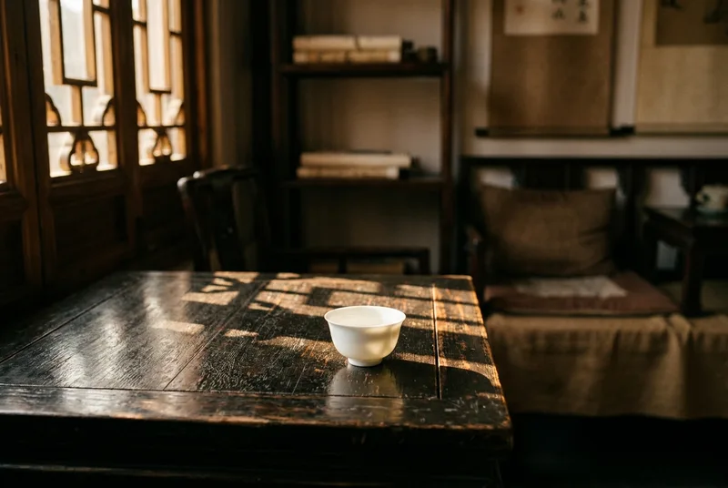 木桌上的白瓷小酒杯
