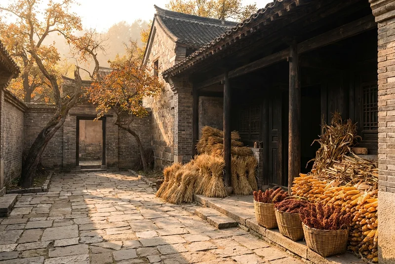 深秋时节中国传统院落里的五谷丰登景象