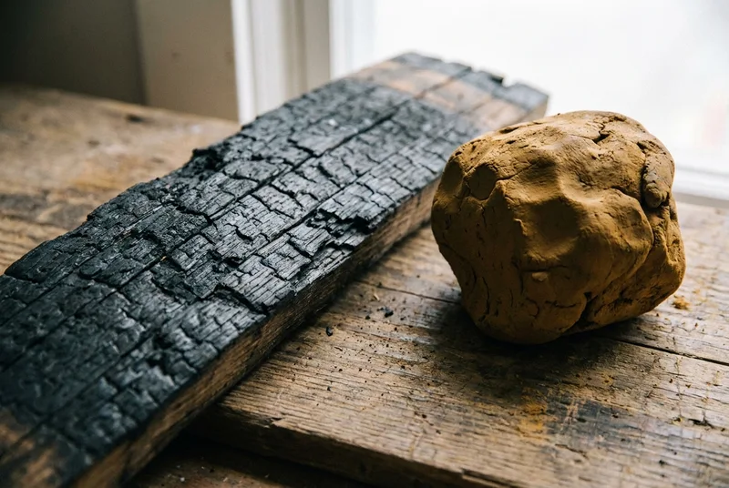 A piece of charred oak and a lump of yellow clay sitting side by side on a rustic wooden surface