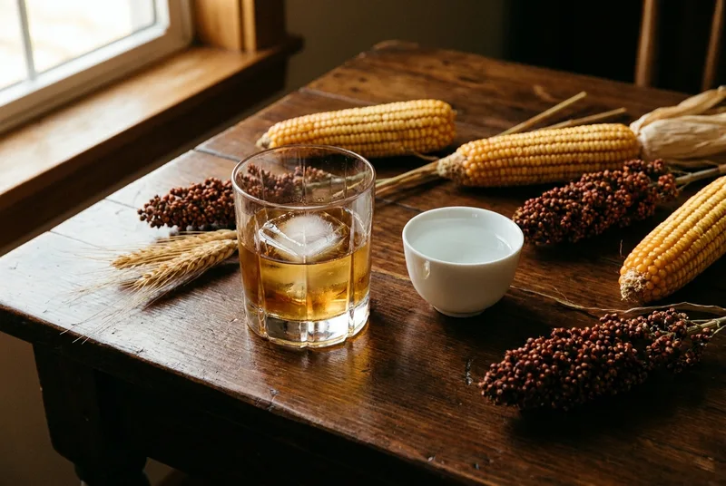 A glass of bourbon and a small ceramic cup of baijiu on a wooden table, surrounded by dried corn and sorghum