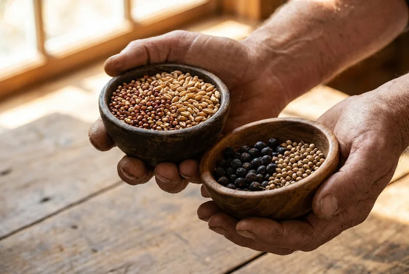 Hands holding small wooden bowls of sorghum and juniper berries
