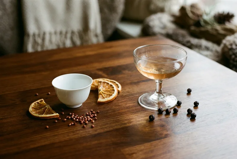 A Chinese baijiu cup and a Western gin glass on a wooden table, with sorghum and juniper berries