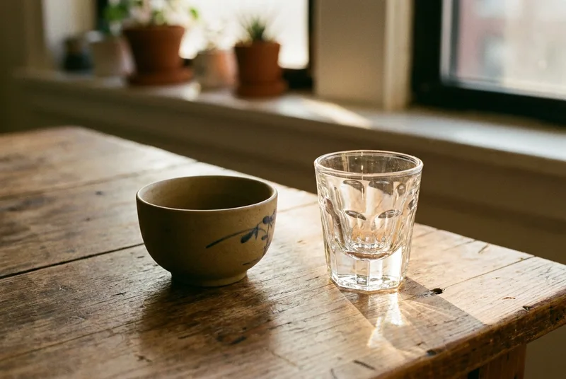 木桌上的中式陶瓷小酒杯与西式水晶烈酒杯特写。
