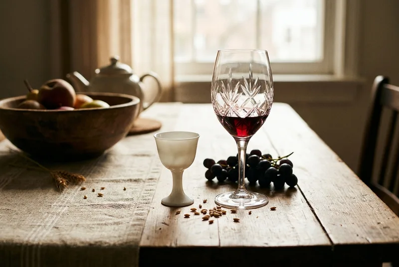 A wine glass and a baijiu cup on a table