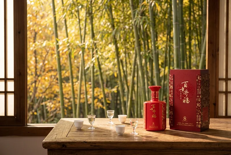 秋日窗畔的中式酒桌，红瓷瓶与几盏白酒