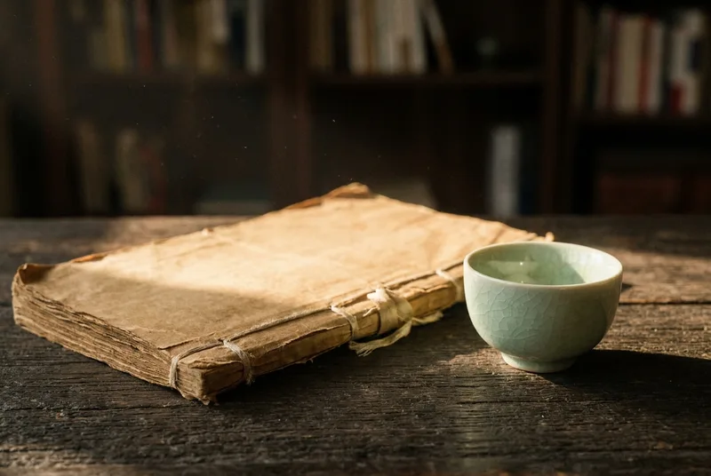 An ancient Chinese text and a small celadon cup on a wooden table